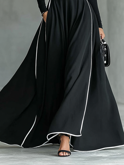 Black Maxi Dress – High Neck, Long Sleeves & White Stitch Detail