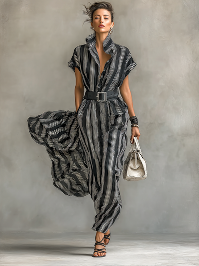 Women’s Striped Chiffon Maxi Dress – Collared, Short Sleeves & Belt