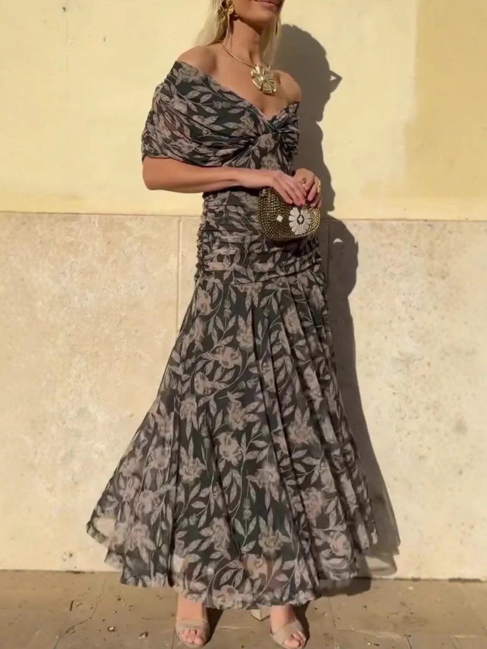 Serena™ | Long Floral Dress with Off-Shoulder Design