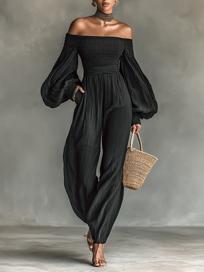Women’s Off-Shoulder Pleated Jumpsuit with Long Sleeves