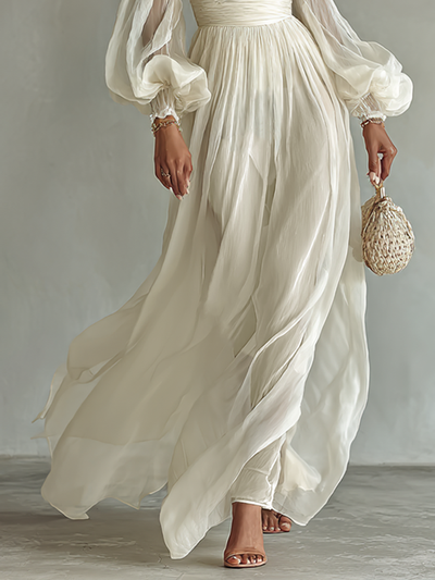 Women's Maxi Chiffon Dress with Square Neckline and Long Sleeves