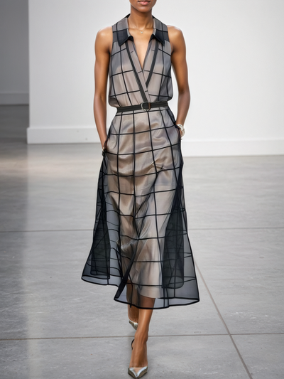 Maxi Sleeveless Dress in Check Tulle with Collar and Belt
