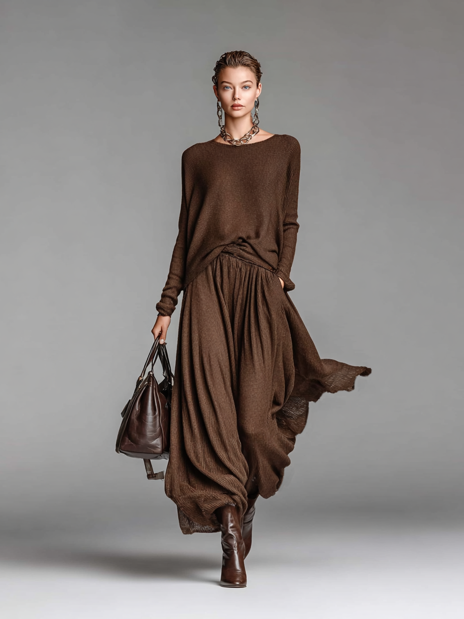 Skirt and Knit Crew Neck Sweater Set