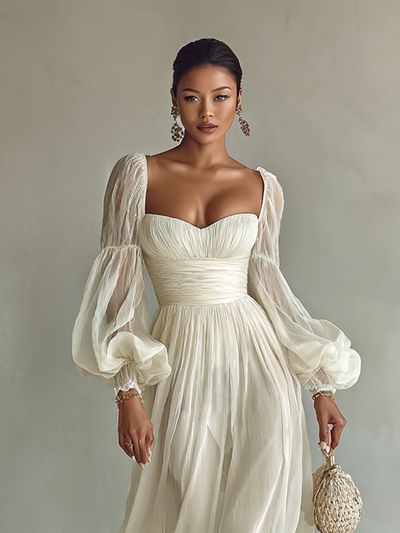 Women's Maxi Chiffon Dress with Square Neckline and Long Sleeves