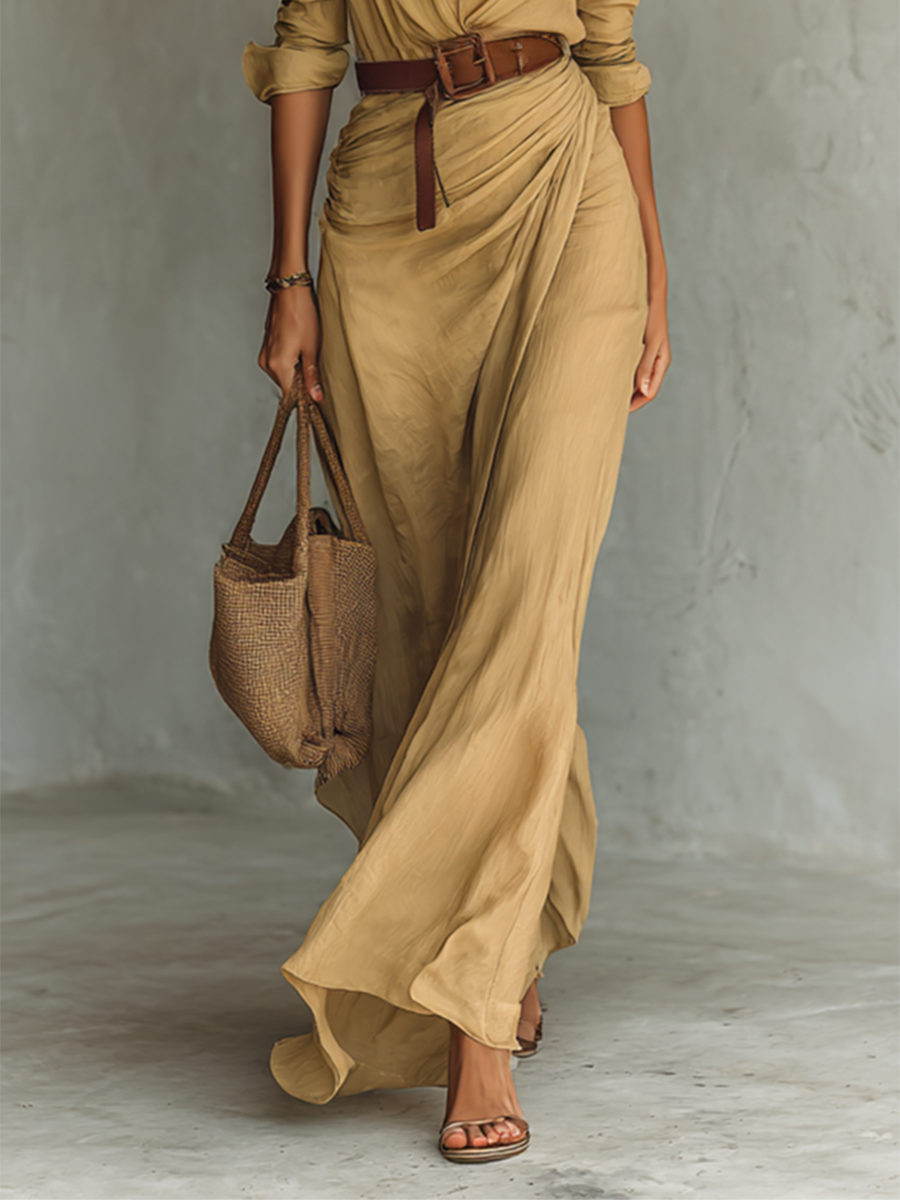 Long Maxi Dress with Notched Collar and Included Belt