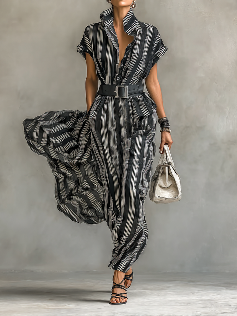 Women’s Striped Chiffon Maxi Dress – Collared, Short Sleeves & Belt