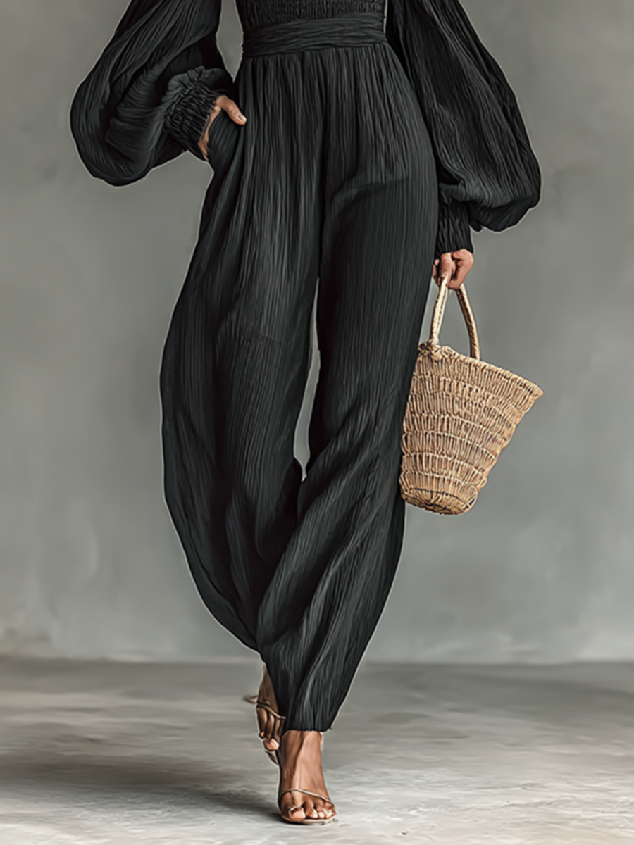 Women’s Off-Shoulder Pleated Jumpsuit with Long Sleeves