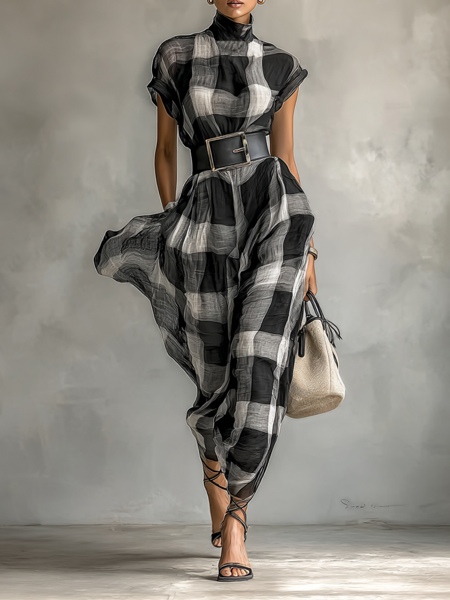 Maxi Chiffon Check Dress with High Neck and Short Sleeves