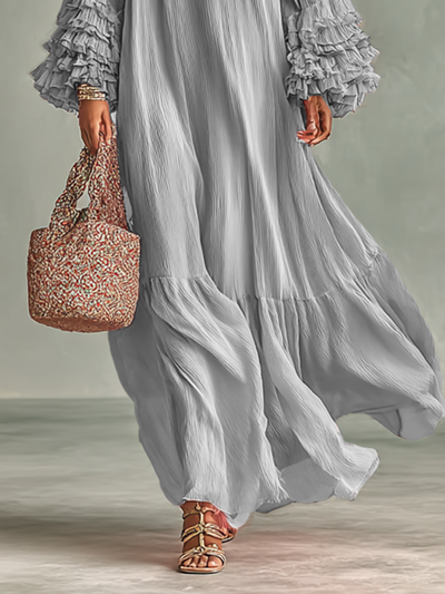 Women’s Pleated Chiffon Maxi Dress – Long Sleeves & Ruffles