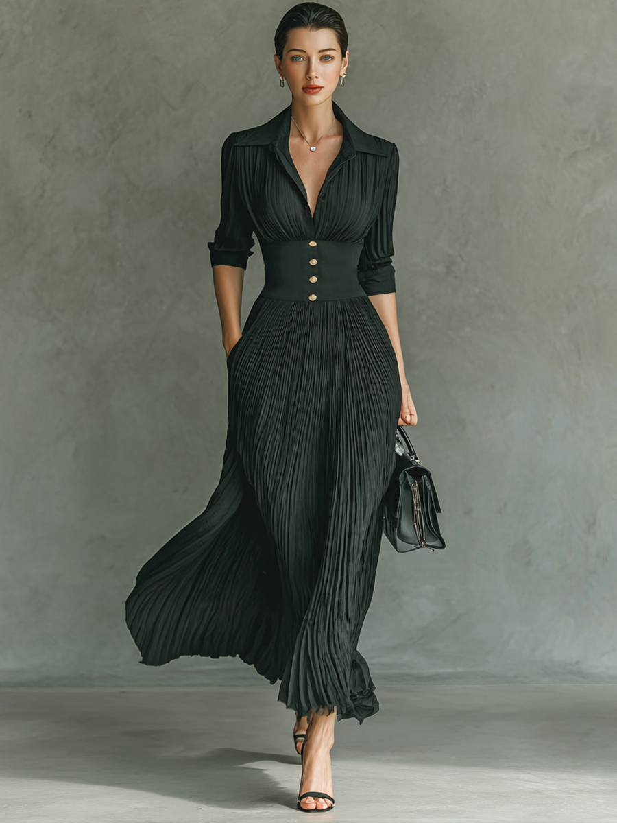 Long Maxi Dress with Long Sleeves, Notched Collar and Pleats