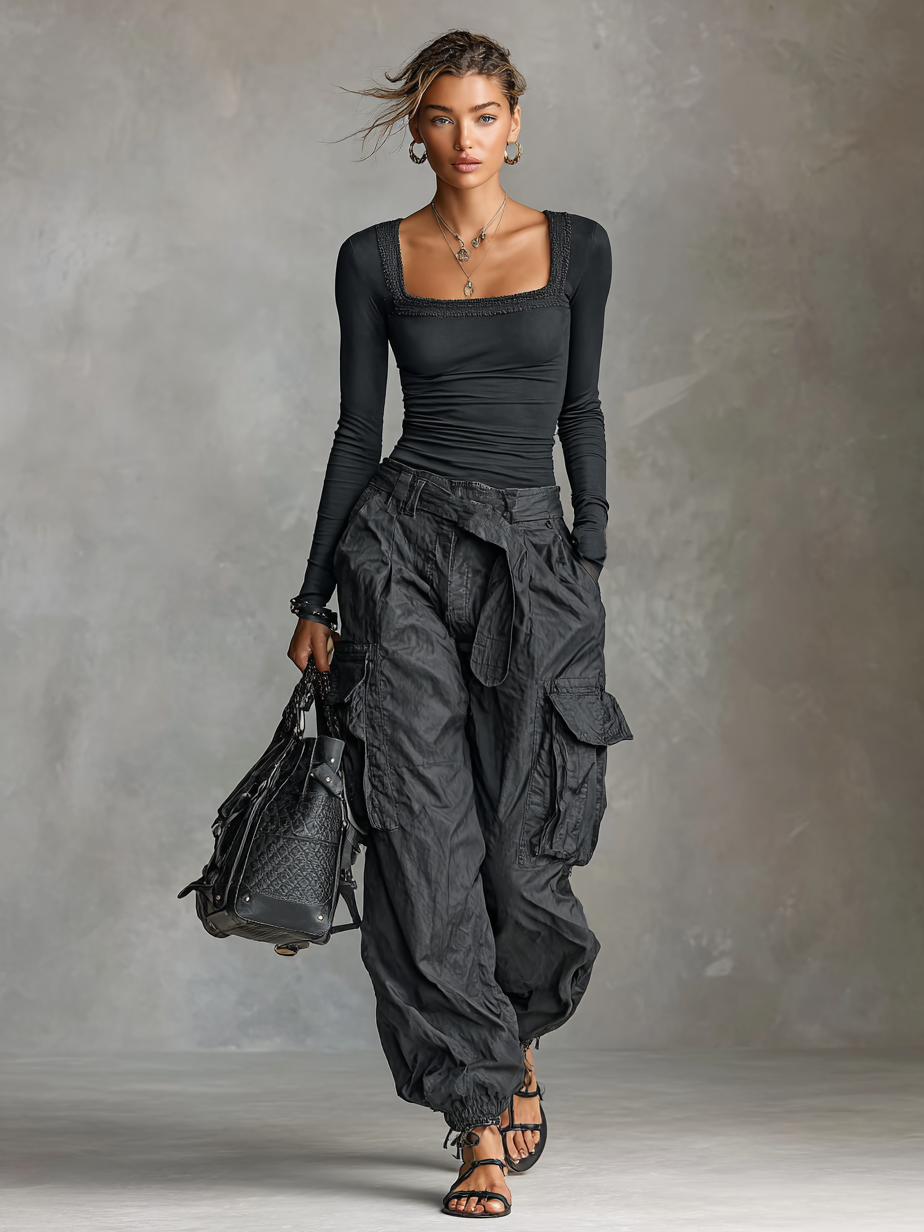 Two-Piece Cargo Set – Square Neck Top & Pants
