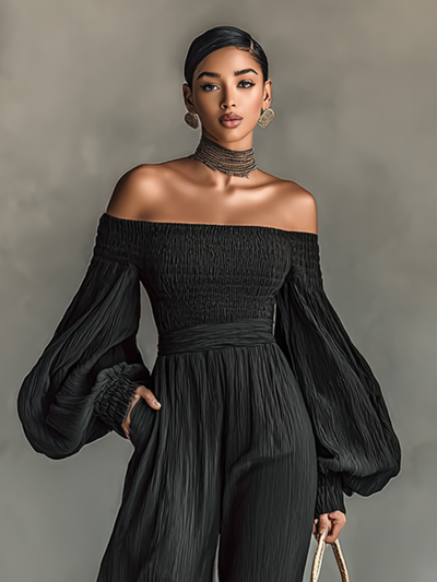 Women’s Off-Shoulder Pleated Jumpsuit with Long Sleeves