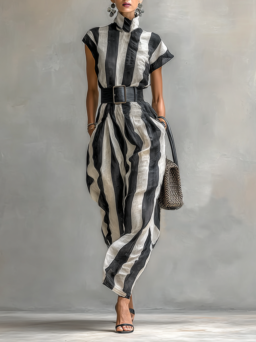 Maxi Chiffon Dress with High Neck and Short Sleeves