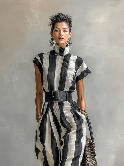 Maxi Chiffon Dress with High Neck and Short Sleeves