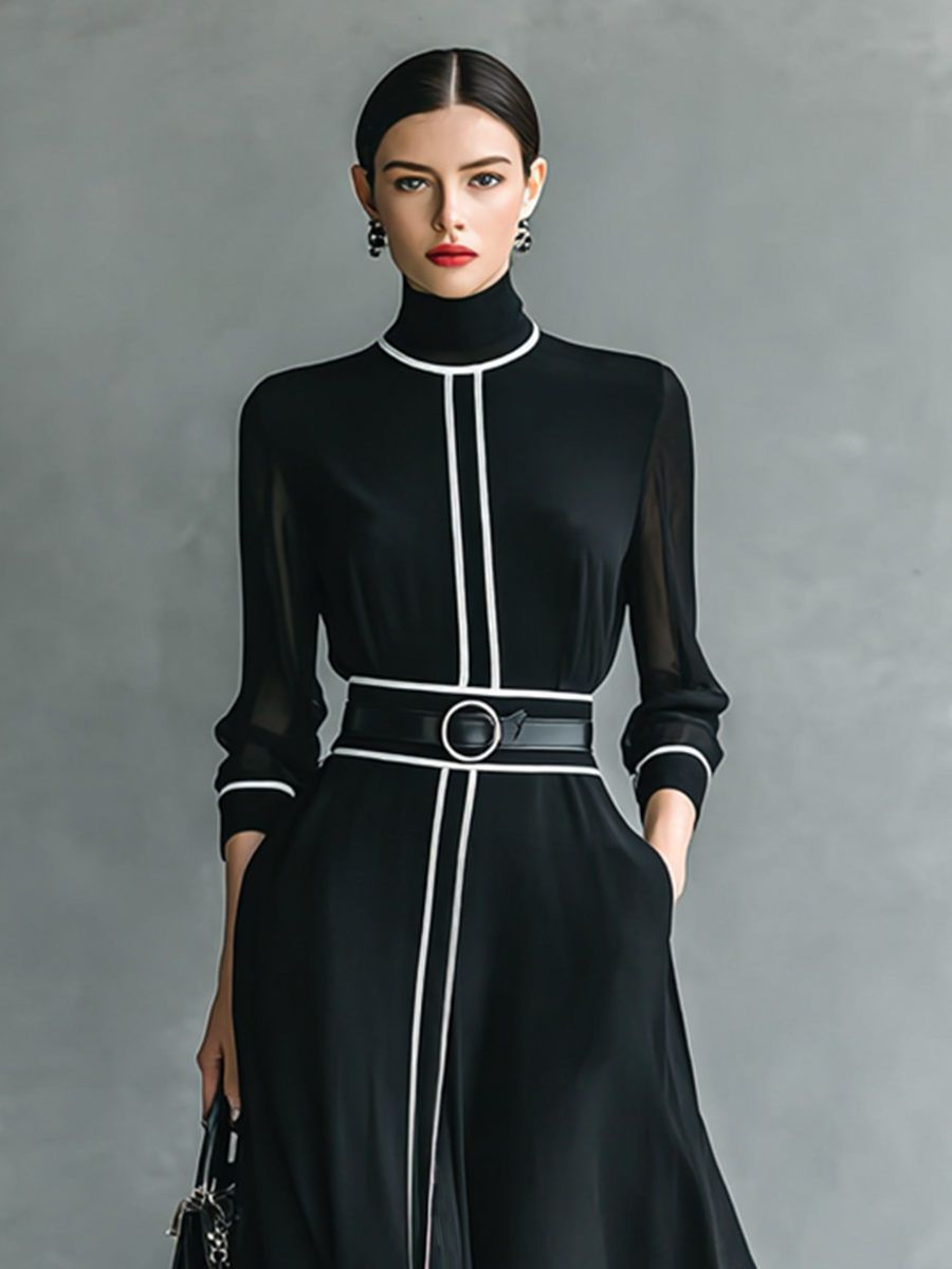 Women’s Chiffon Maxi Dress – High Collar, Long Sleeves & White Trim