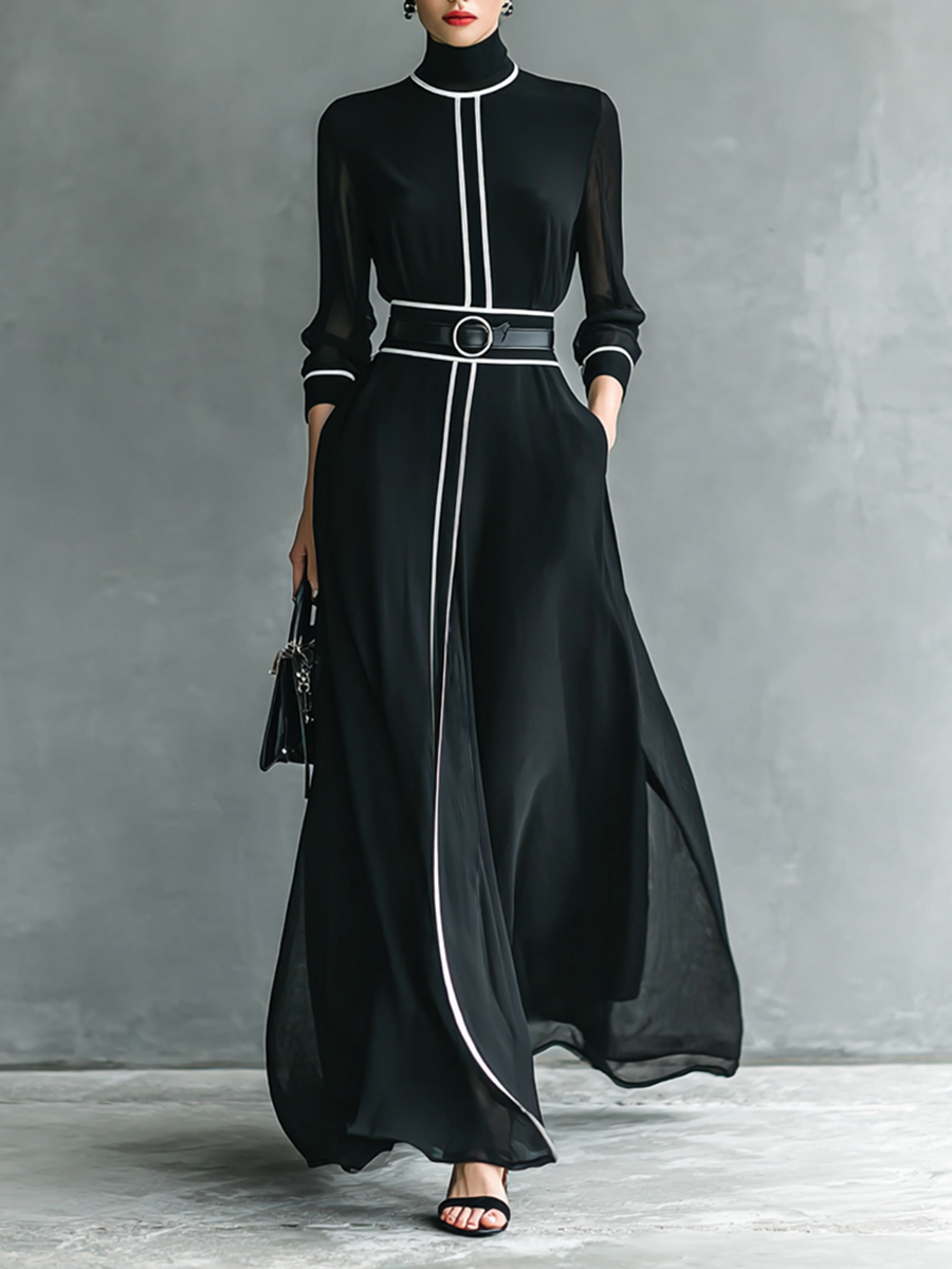 Women’s Chiffon Maxi Dress – High Collar, Long Sleeves & White Trim