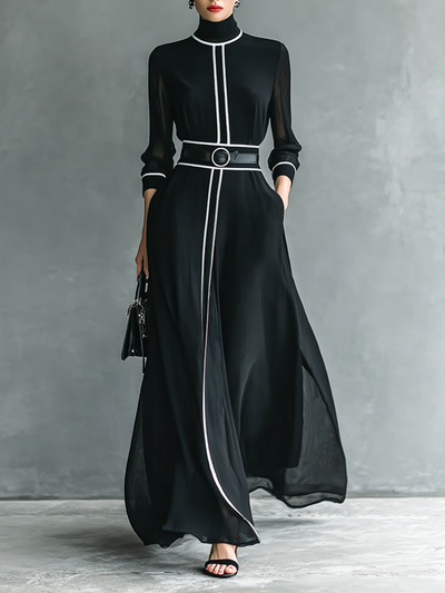 Women’s Chiffon Maxi Dress – High Collar, Long Sleeves & White Trim