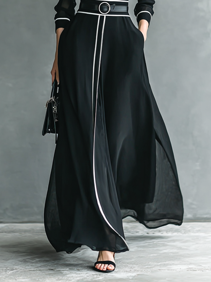 Women’s Chiffon Maxi Dress – High Collar, Long Sleeves & White Trim