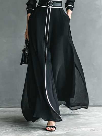 Women’s Chiffon Maxi Dress – High Collar, Long Sleeves & White Trim