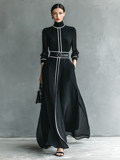 Women’s Chiffon Maxi Dress – High Collar, Long Sleeves & White Trim