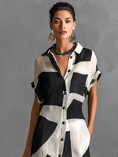 Women’s Chiffon Maxi Shirt Dress – Geometric Print, Notched Collar & Short Sleeves