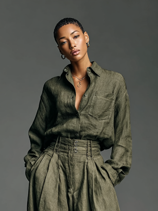 Women’s Two-Piece Cotton Linen Set – Long Sleeve Shirt & Wide-Leg Pants