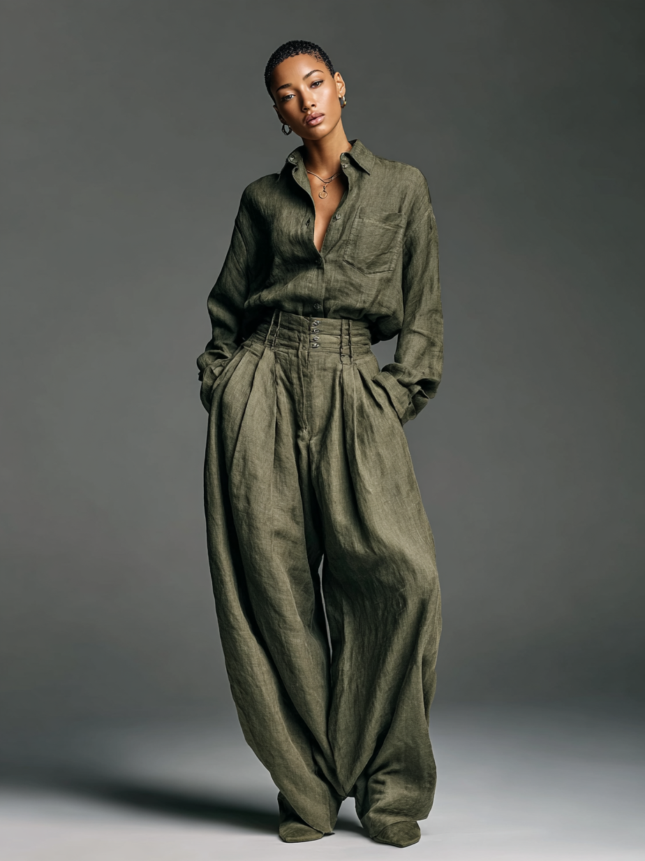 Women’s Two-Piece Cotton Linen Set – Long Sleeve Shirt & Wide-Leg Pants