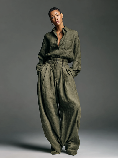 Women’s Two-Piece Cotton Linen Set – Long Sleeve Shirt & Wide-Leg Pants
