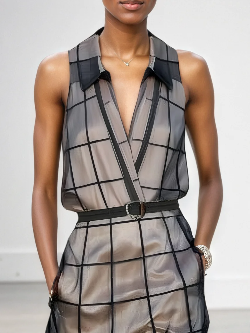 Maxi Sleeveless Dress in Check Tulle with Collar and Belt
