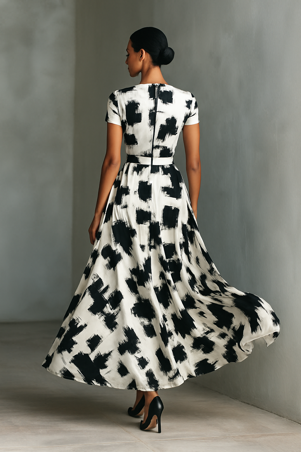 Maxi Dress with Short Sleeves and Abstract Print