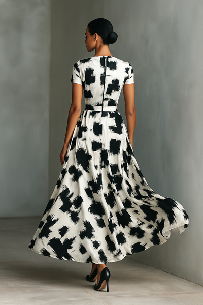 Maxi Dress with Short Sleeves and Abstract Print